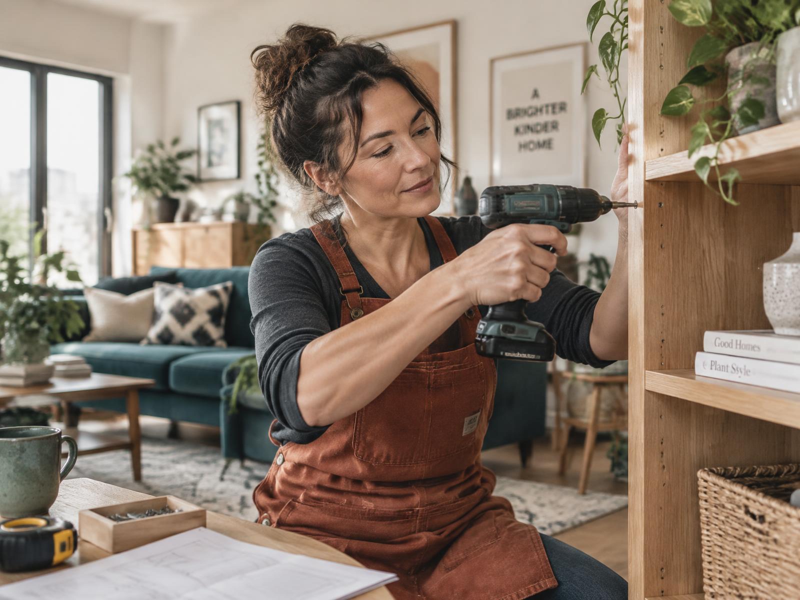 Handwerkerin baut ein Regal in einer hellen Wohnung auf